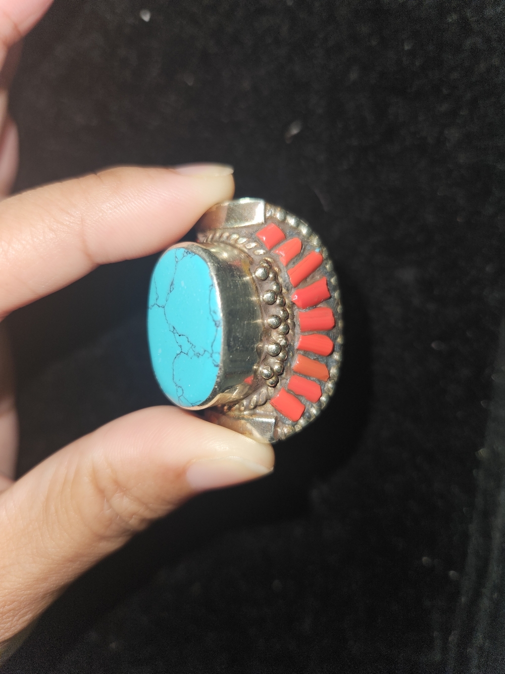 Turquoise and Red Coral Statement Silver Ring